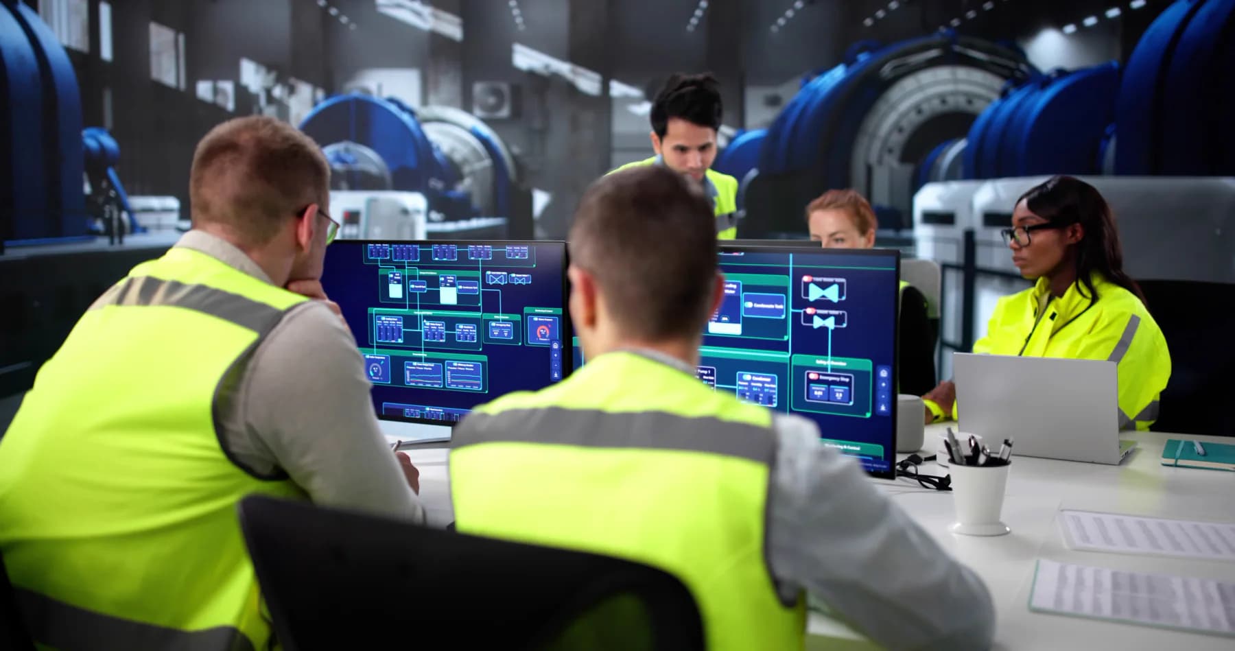 Energy operations center with staff monitoring multiple screens