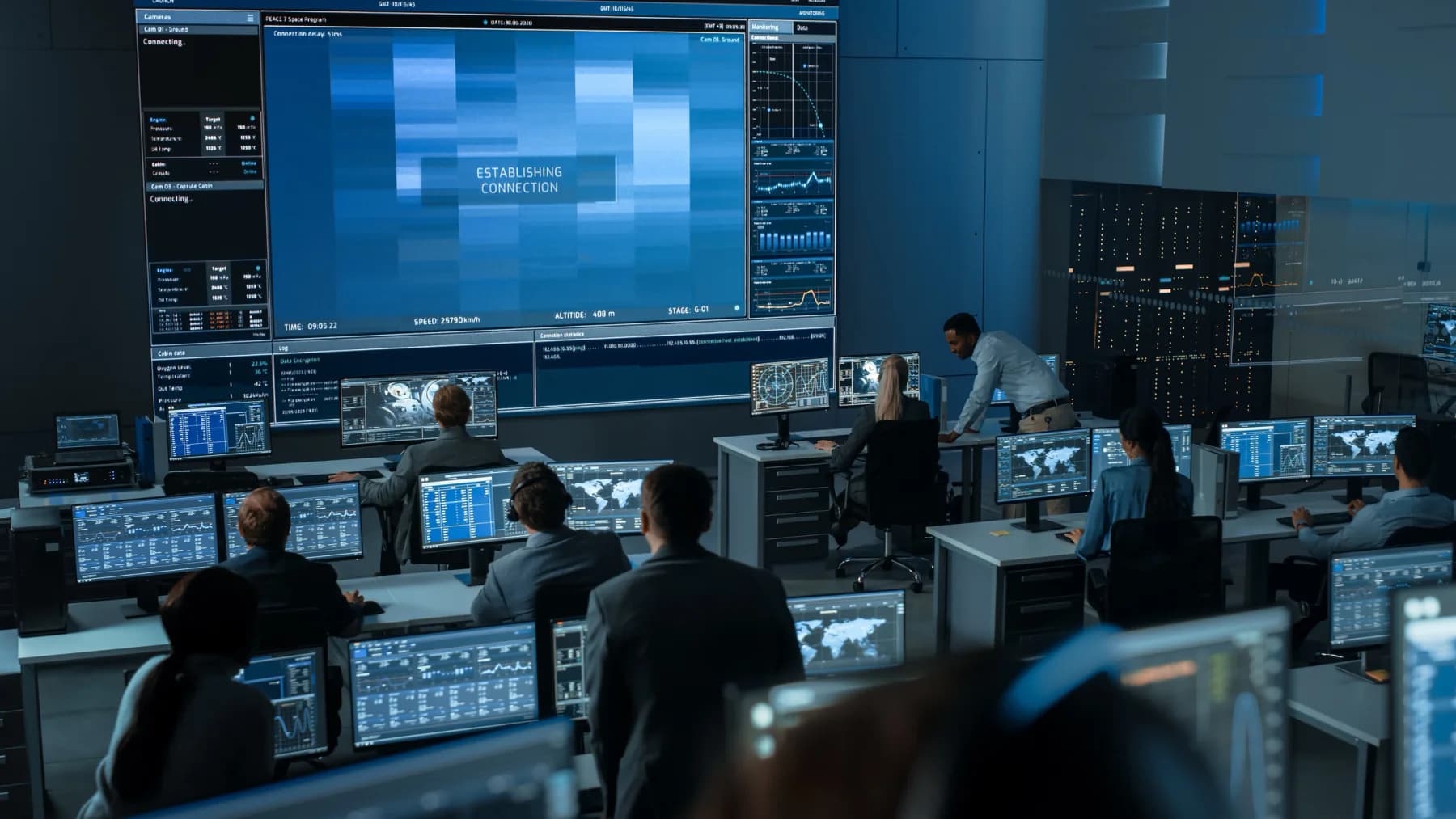 Media production team working at monitors in a control room