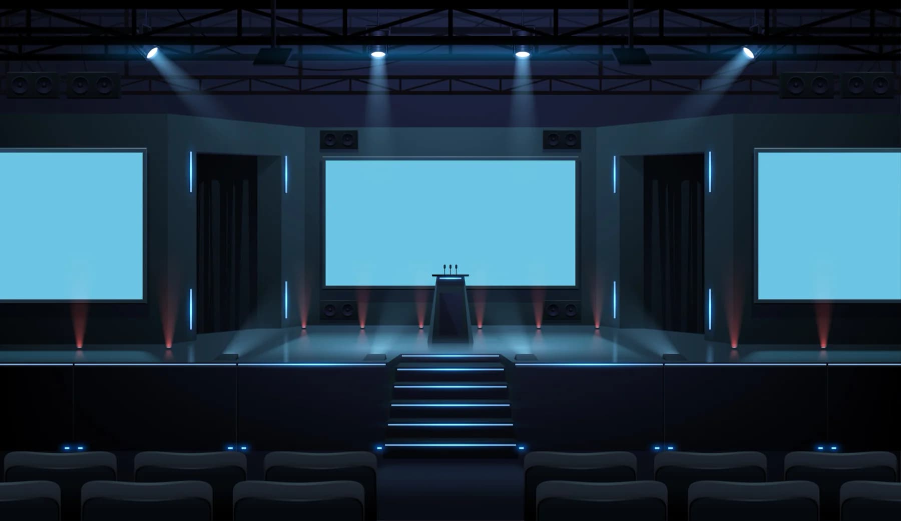 Graduation ceremony operations environment with staff using laptops, tablets, and event support technology at a high-attendance venue