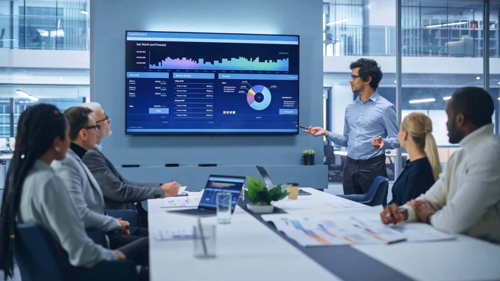 Team collaborating around a large interactive collaboration display in a conference room