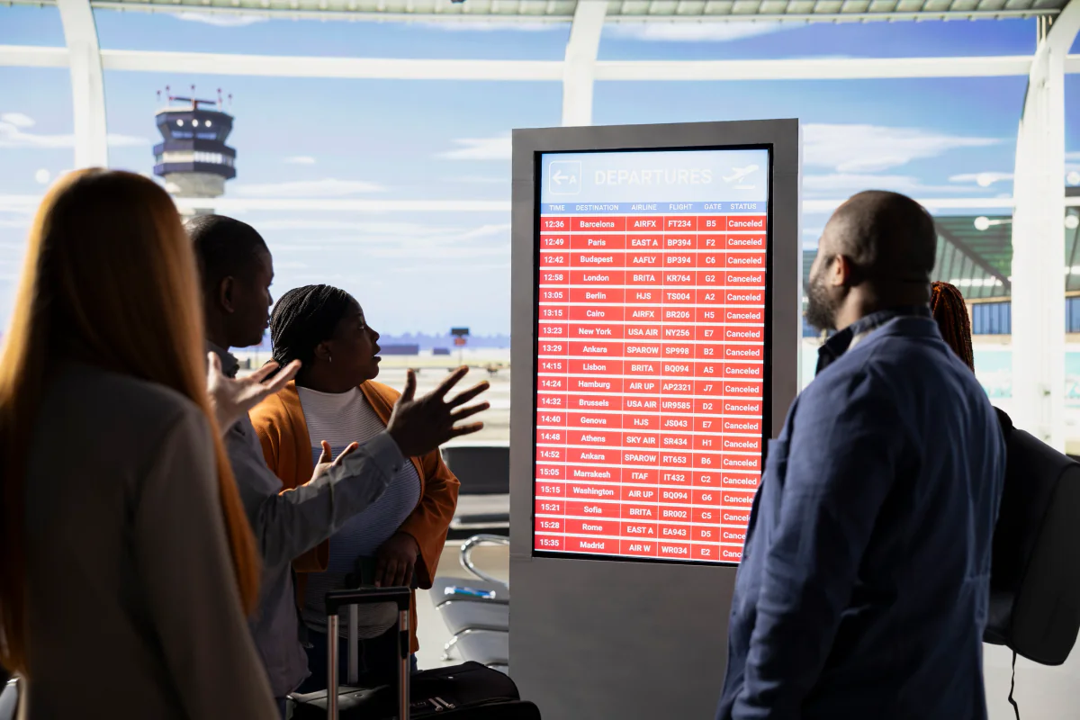 Digital event scheduling displays placed in a conference venue to communicate agenda updates and room assignments
