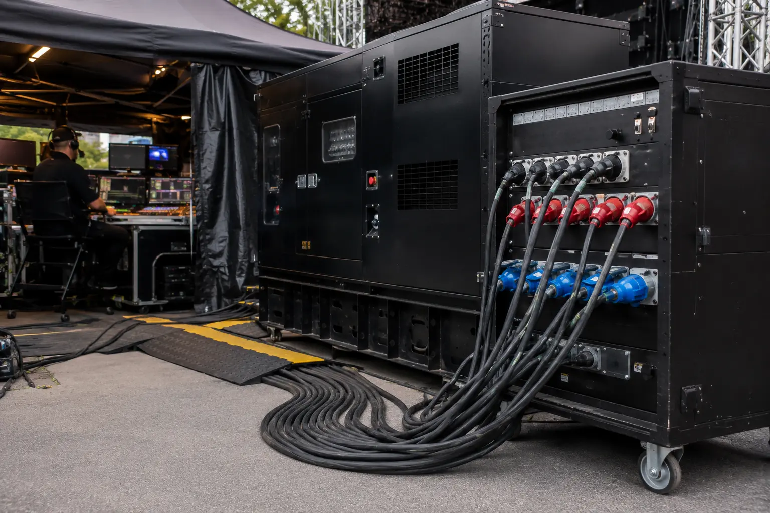 Backup event power system supporting critical AV and production equipment at a live event