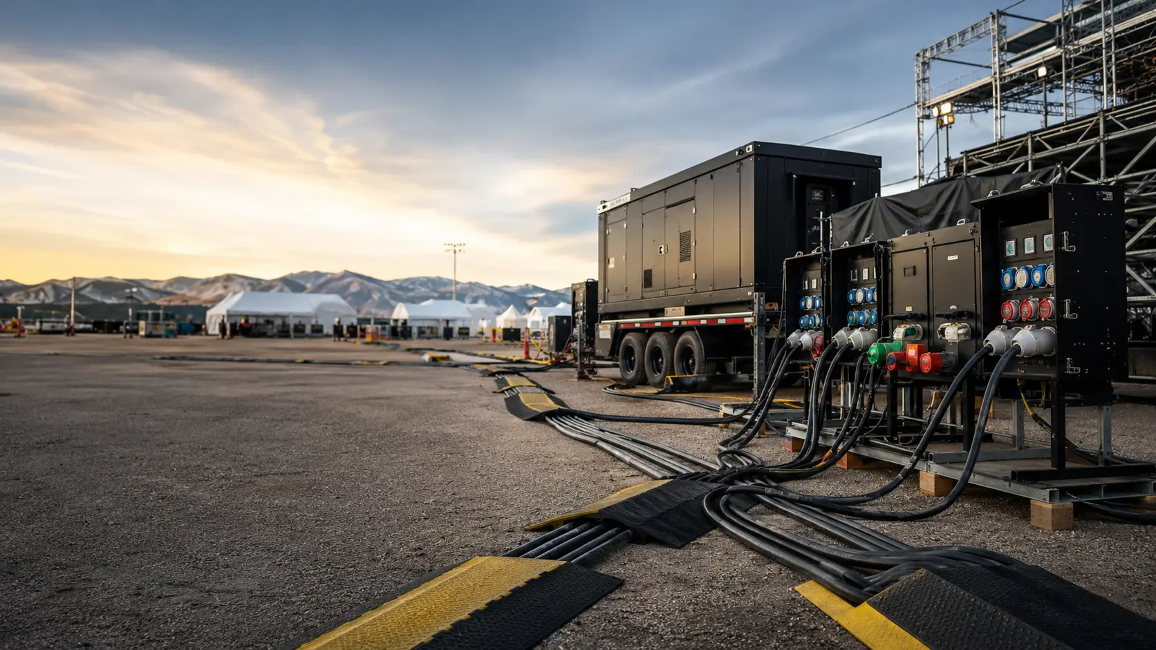 Temporary power distribution equipment and generator support for an outdoor event or remote worksite