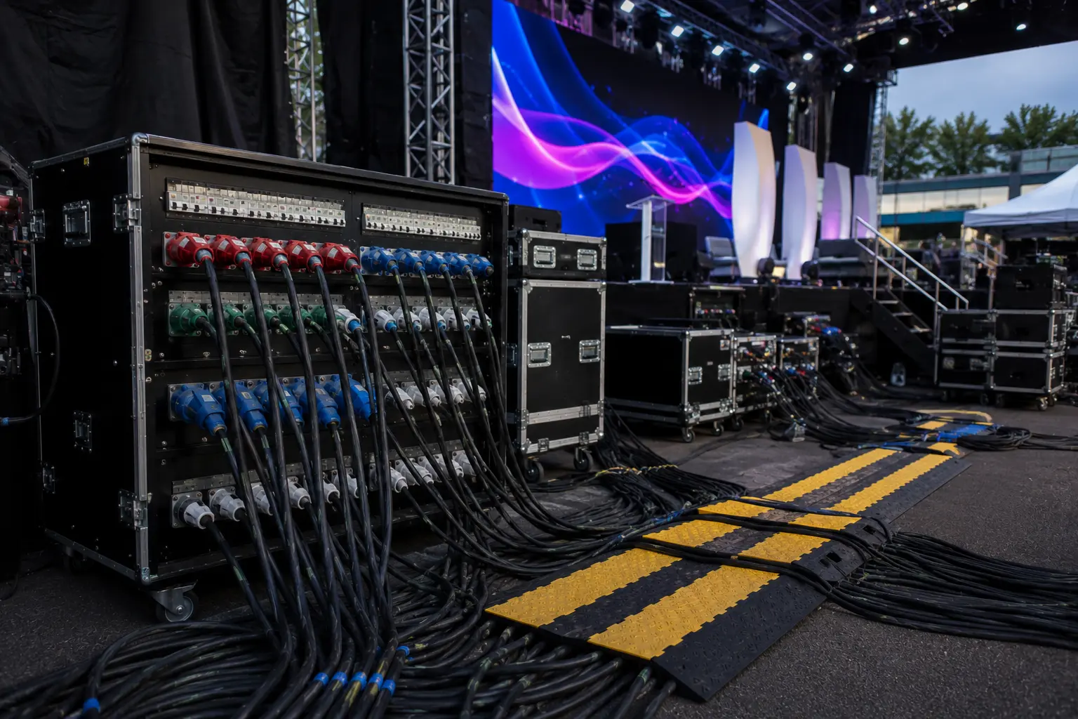 Stage power distribution supporting lighting audio and AV equipment for a live corporate event