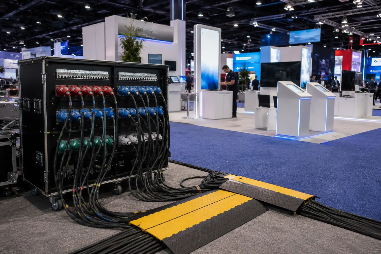 Trade show booth power distribution supporting displays kiosks and temporary exhibit technology