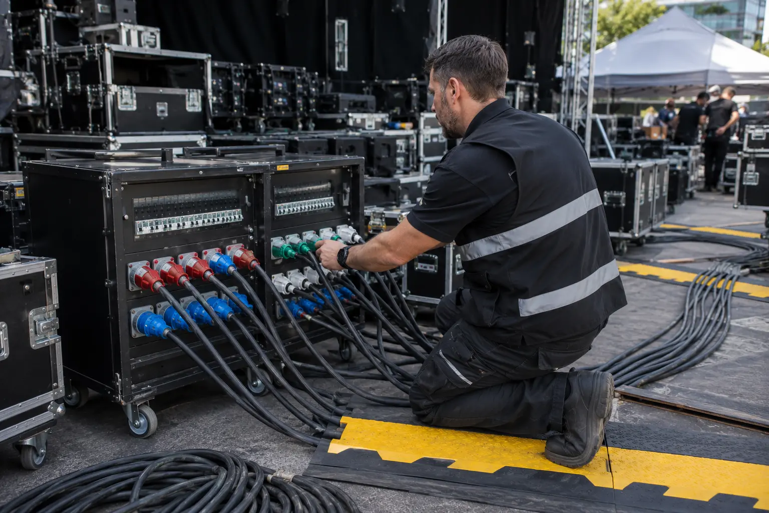 On-site technician monitoring event power distribution equipment during a live production setup