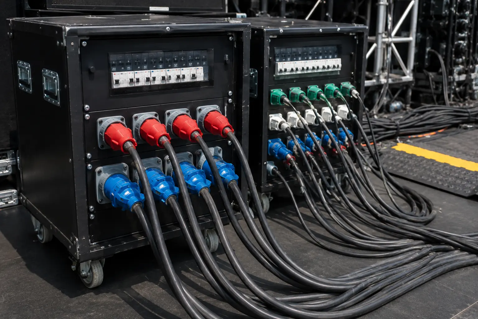 Event power distribution units and cabling prepared for a professional AV production setup