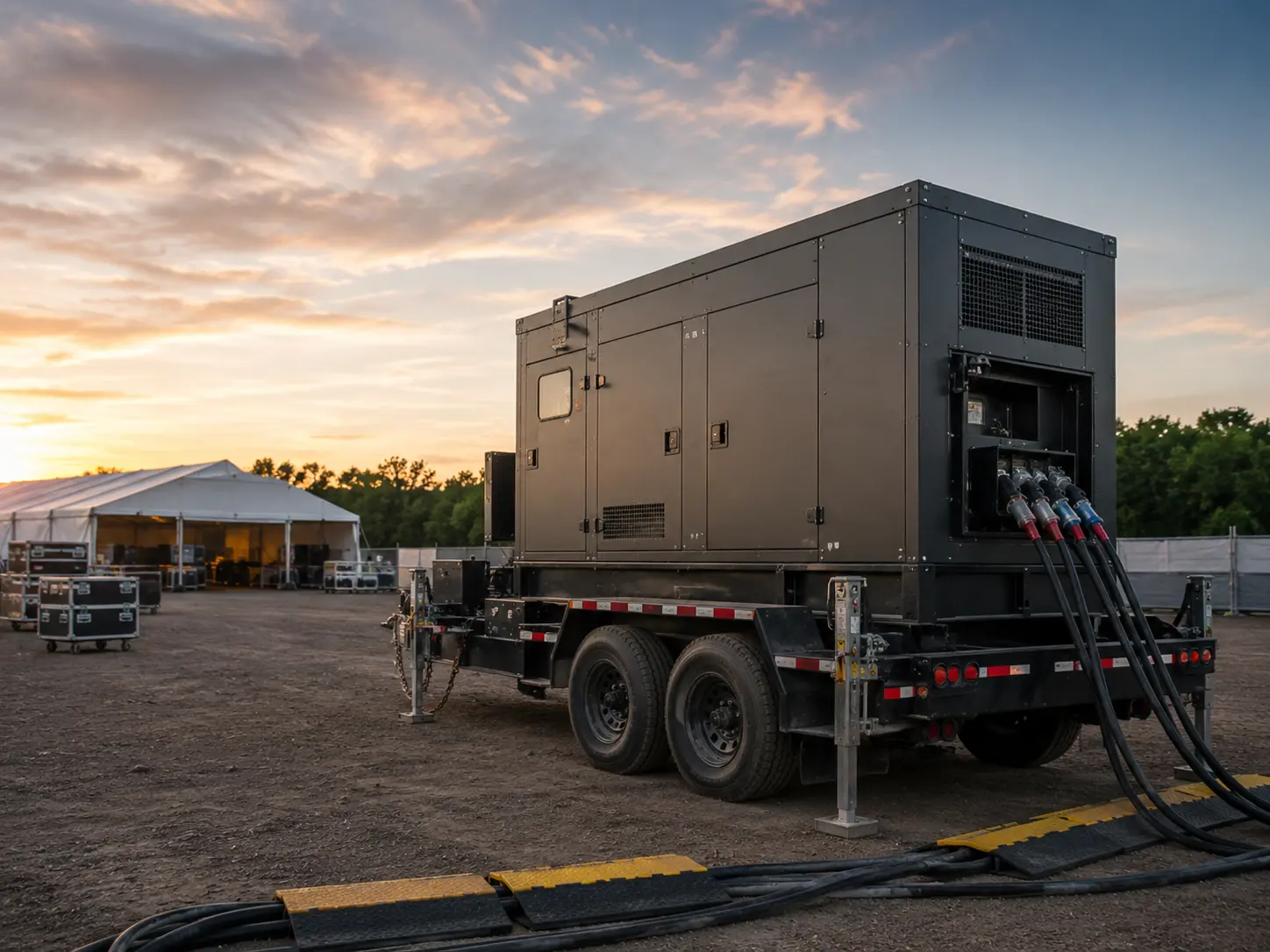 Towable diesel generator rental positioned at a temporary event or worksite for reliable portable power