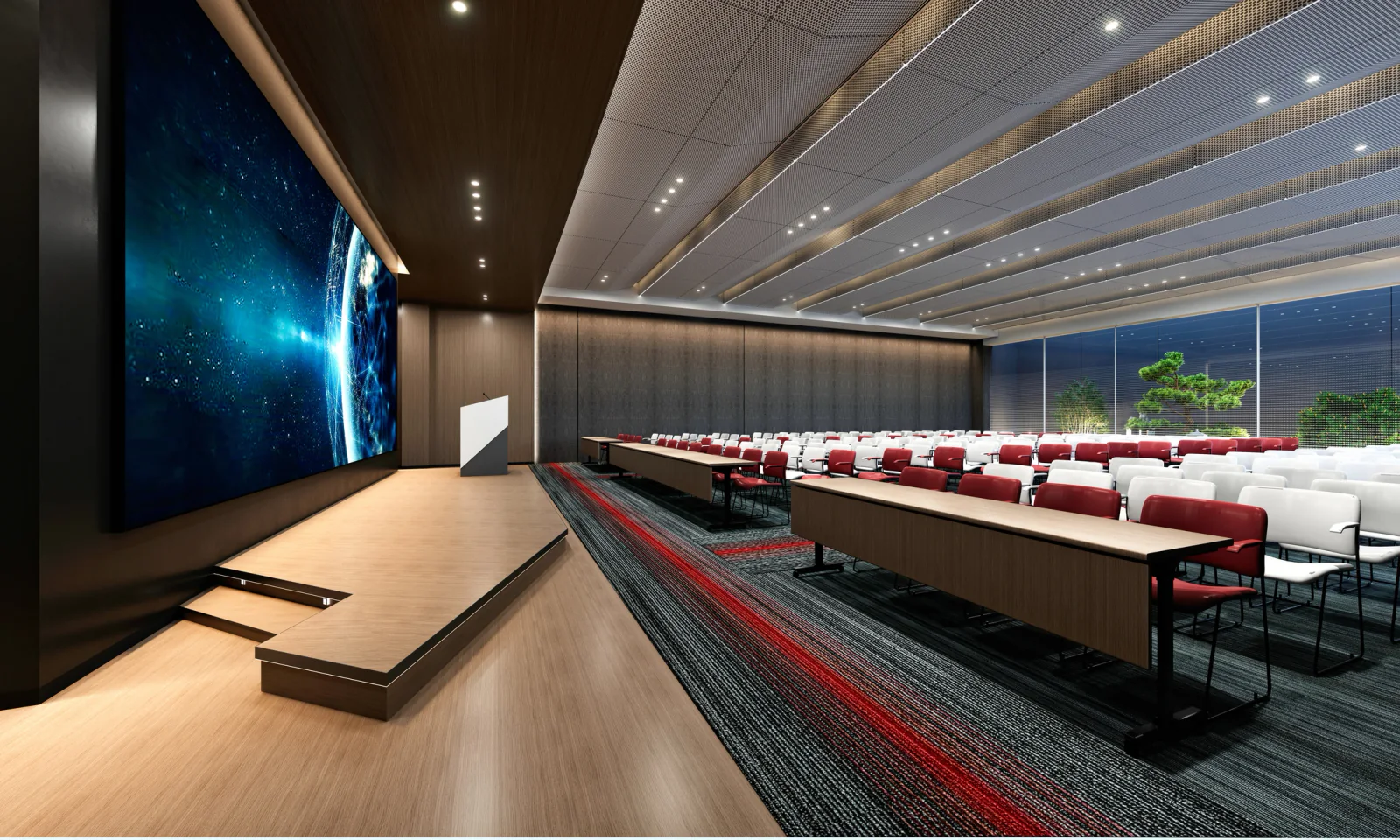 Large venue projector on a truss aimed at a big screen in a ballroom or keynote environment