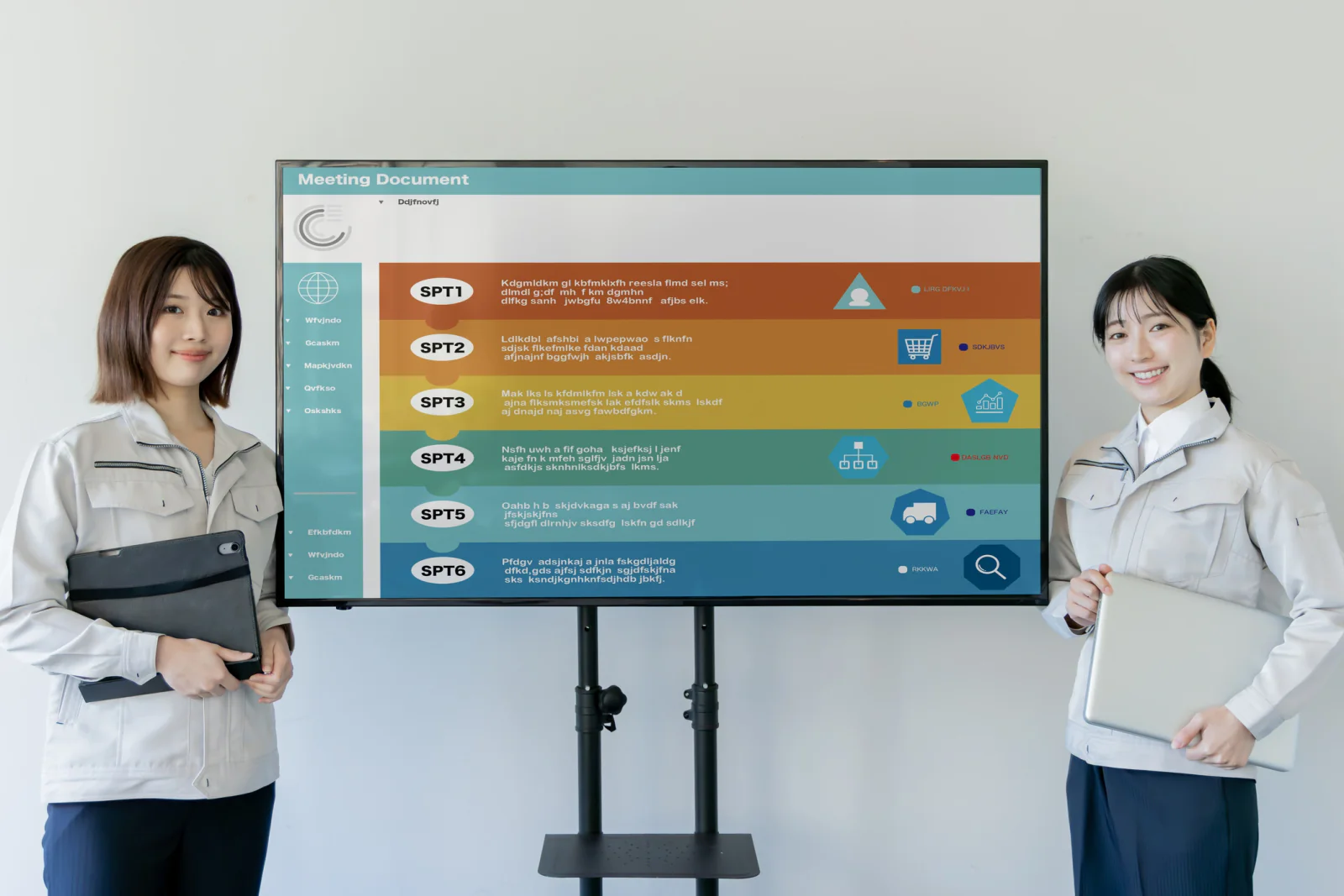 Digital agenda board showing conference sessions times speaker information and room assignments in an event lobby