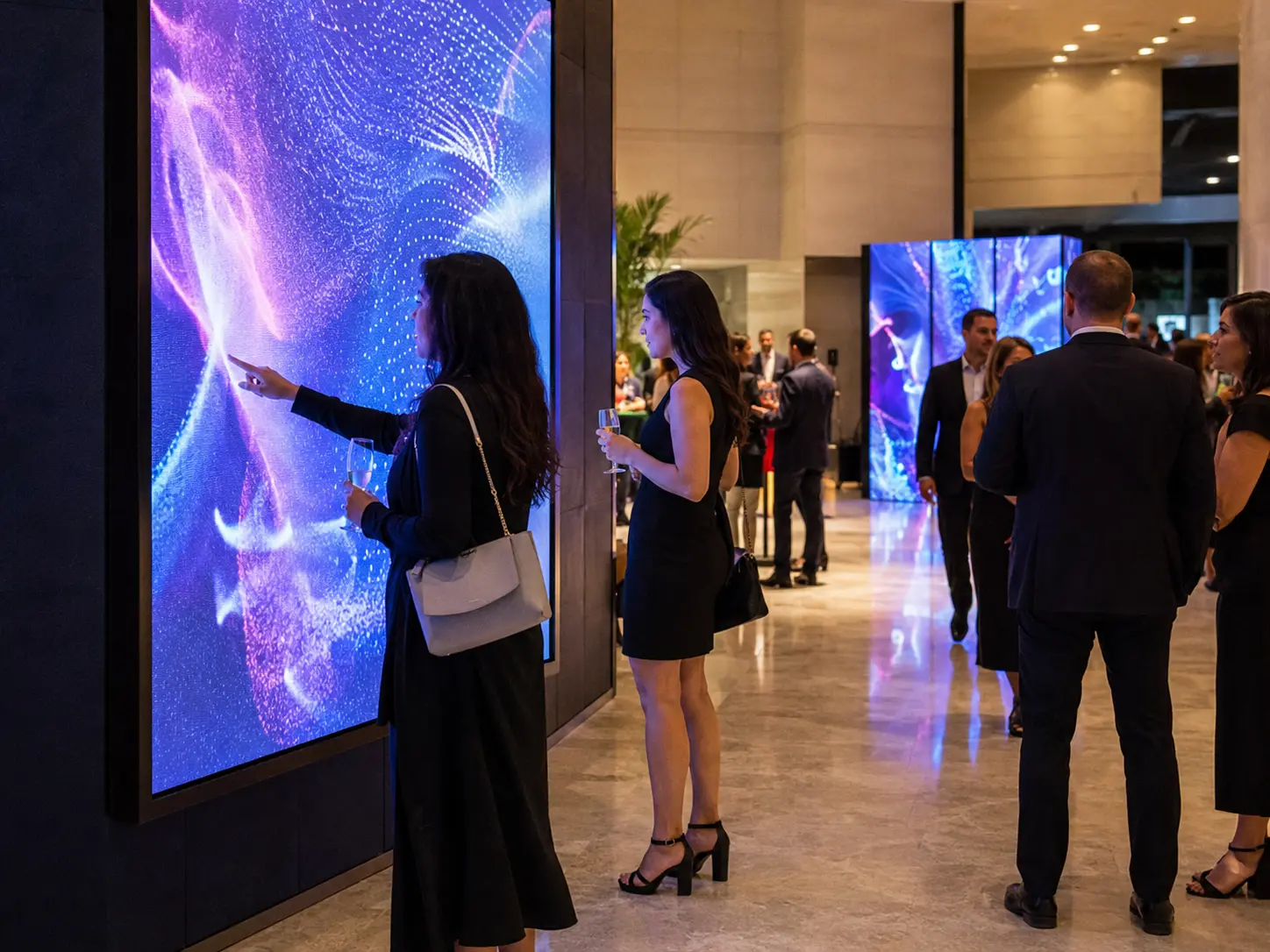 Large social media wall in an event lobby showing attendee photos posts and event hashtag activity