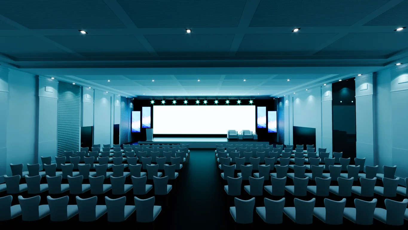 Training room with large display at the front of the room for instruction presentations and collaboration
