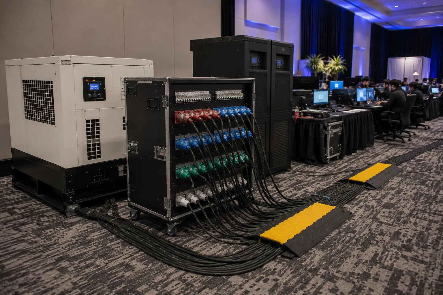 Backup power system supporting critical registration networking and AV systems at a live event