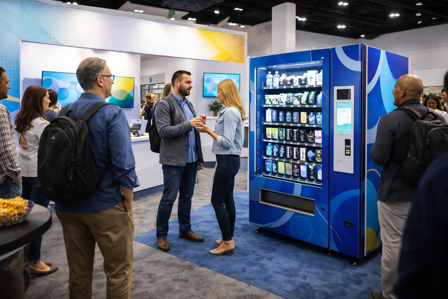 Branded vending machine in a trade show booth attracting attendees with swag and prize giveaways