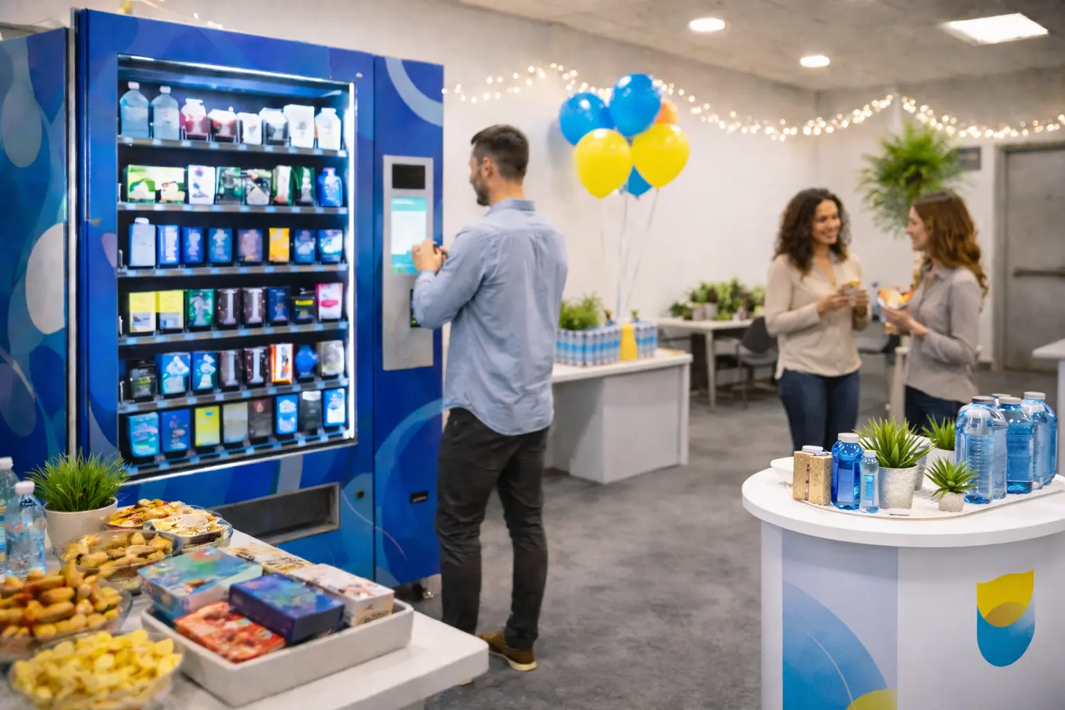 Employees using a vending machine at an internal event for rewards incentives and engagement