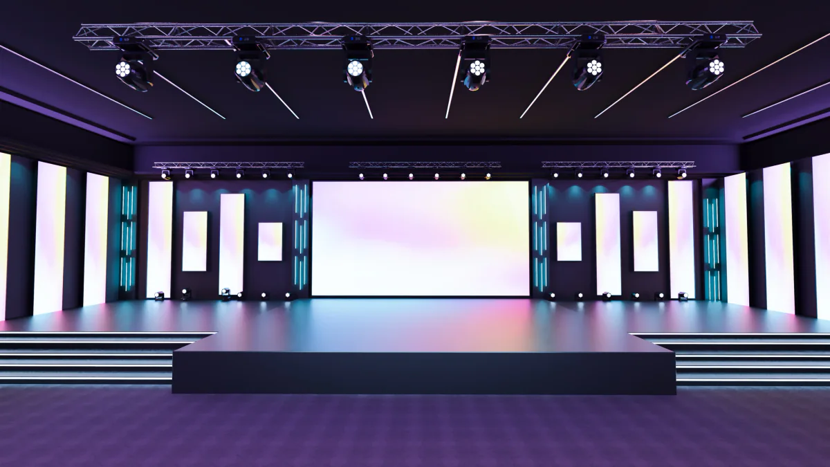Stage build plan with AV equipment including lighting displays and audio support for a coordinated event setup