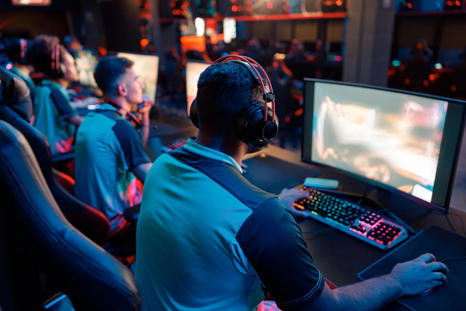 Gaming desktop stations set up for an esports event and high performance temporary deployment