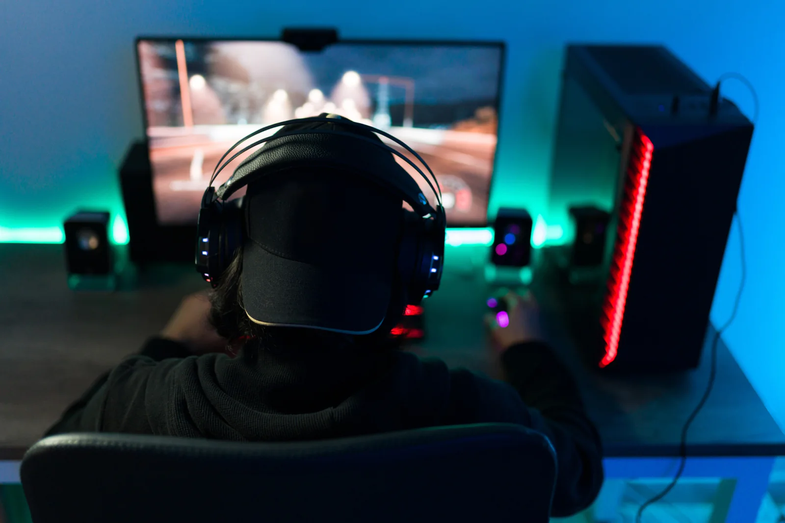 Gaming keyboards, mice, headsets, and peripherals prepared for temporary gaming desktop stations