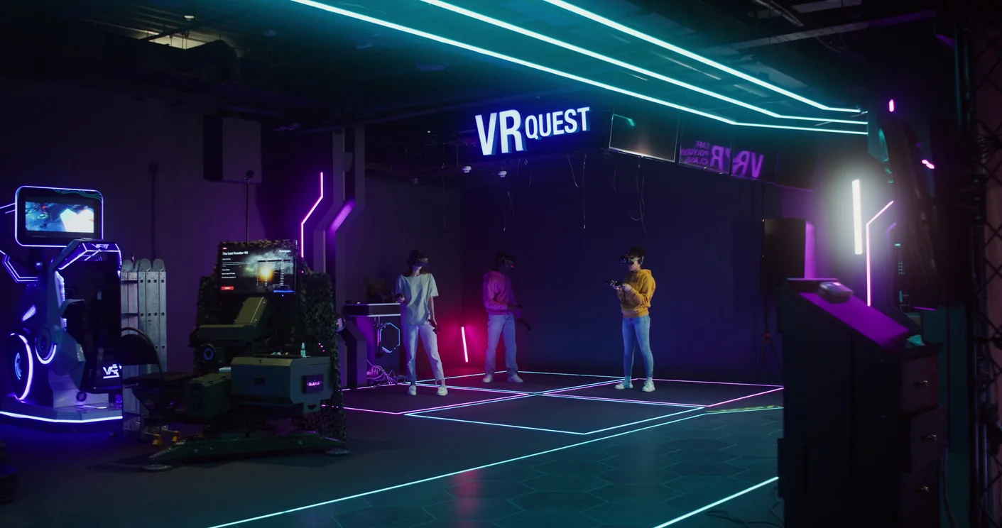 VR demo station at an event with headset operator area and mirrored attendee display