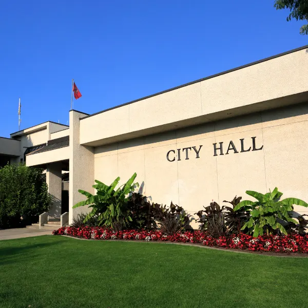 City hall or civic center entrance with security screening