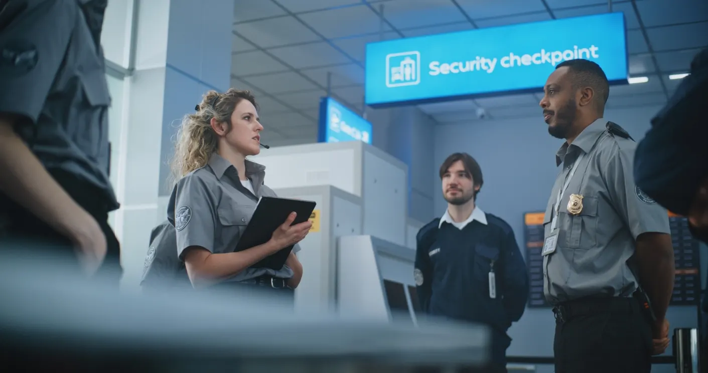 Conference security screening checkpoint with staff and event signage