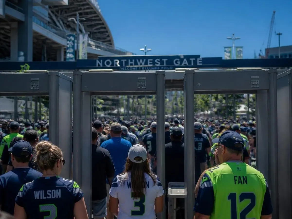 Walk-through metal detectors arranged for temporary security screening