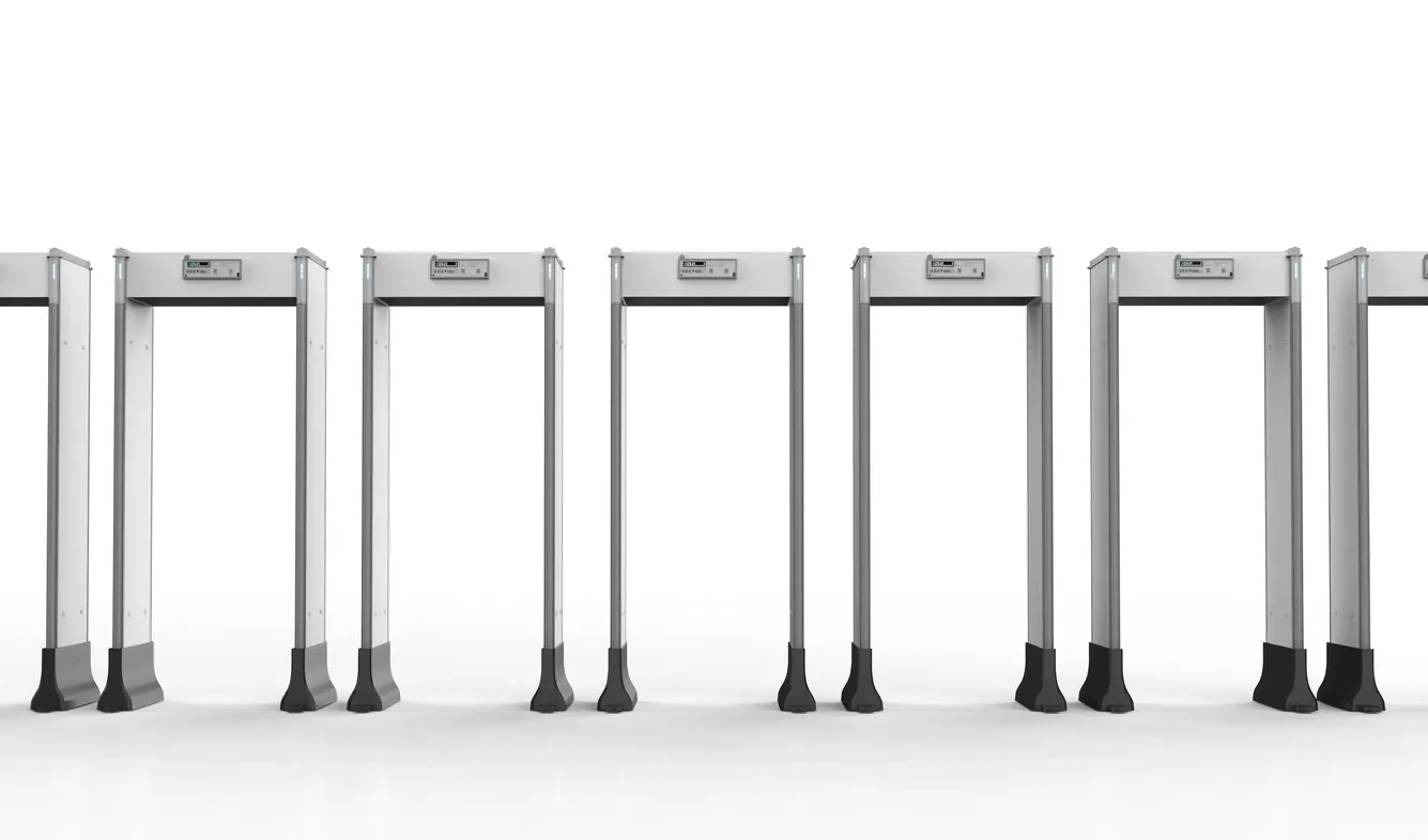 Portable walk-through metal detector set up for temporary event entrance screening