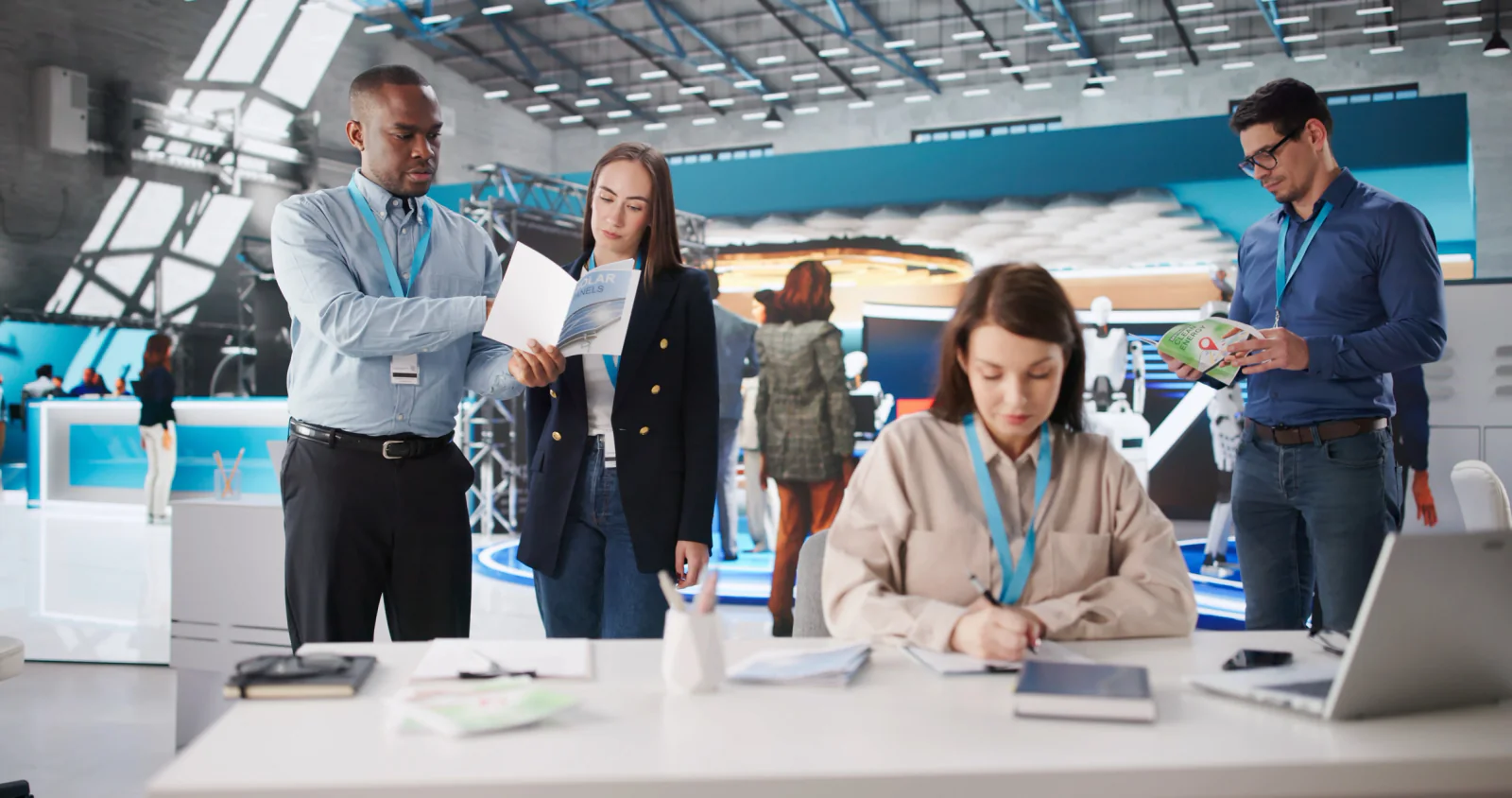 Sponsor activation booth with branded displays tablets for lead capture and event staff interacting with attendees