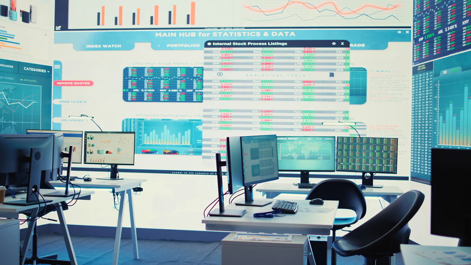 Temporary broadcast control setup with operators at workstations and multiview displays