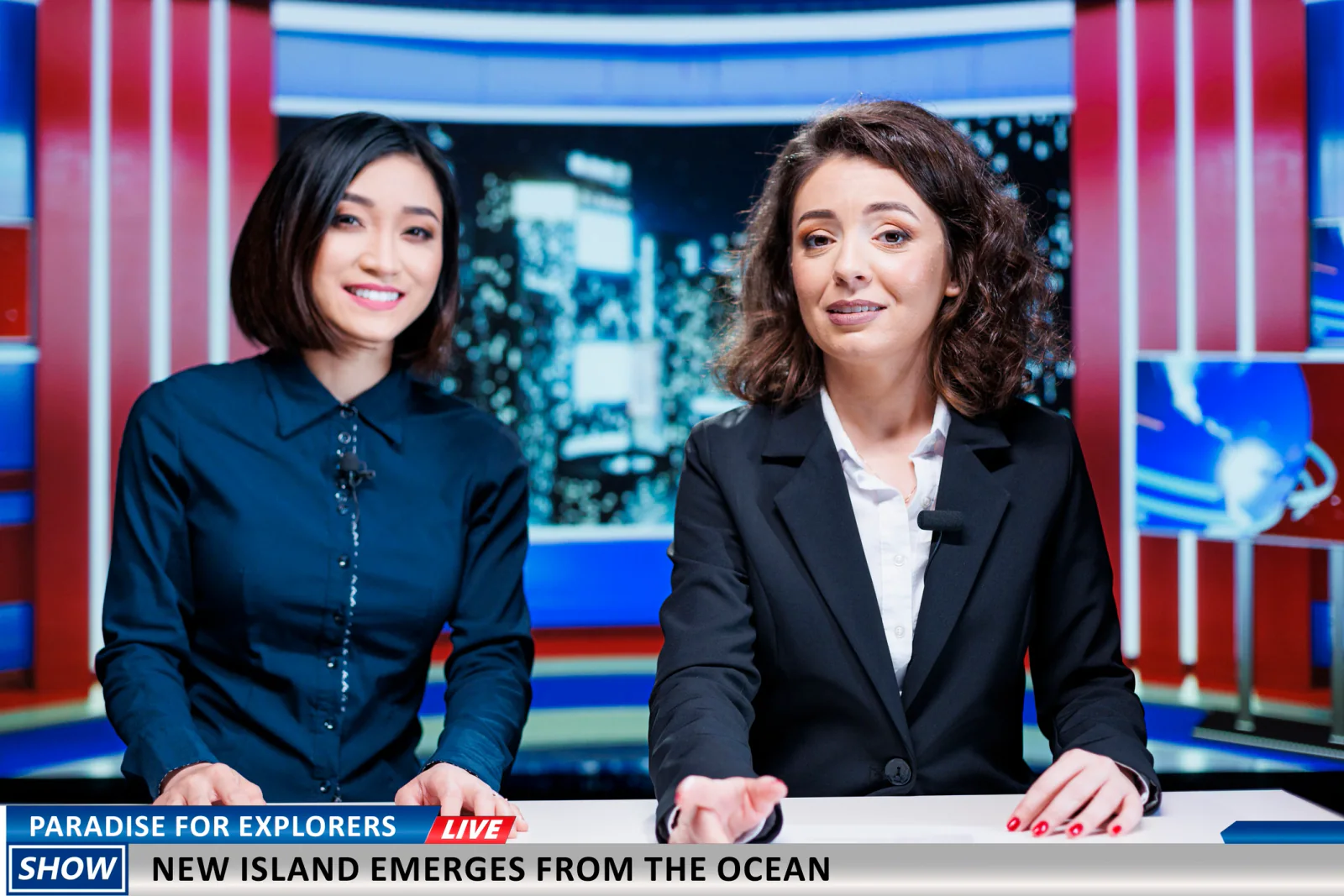 Local TV studio with anchors at a desk and production staff in a control room