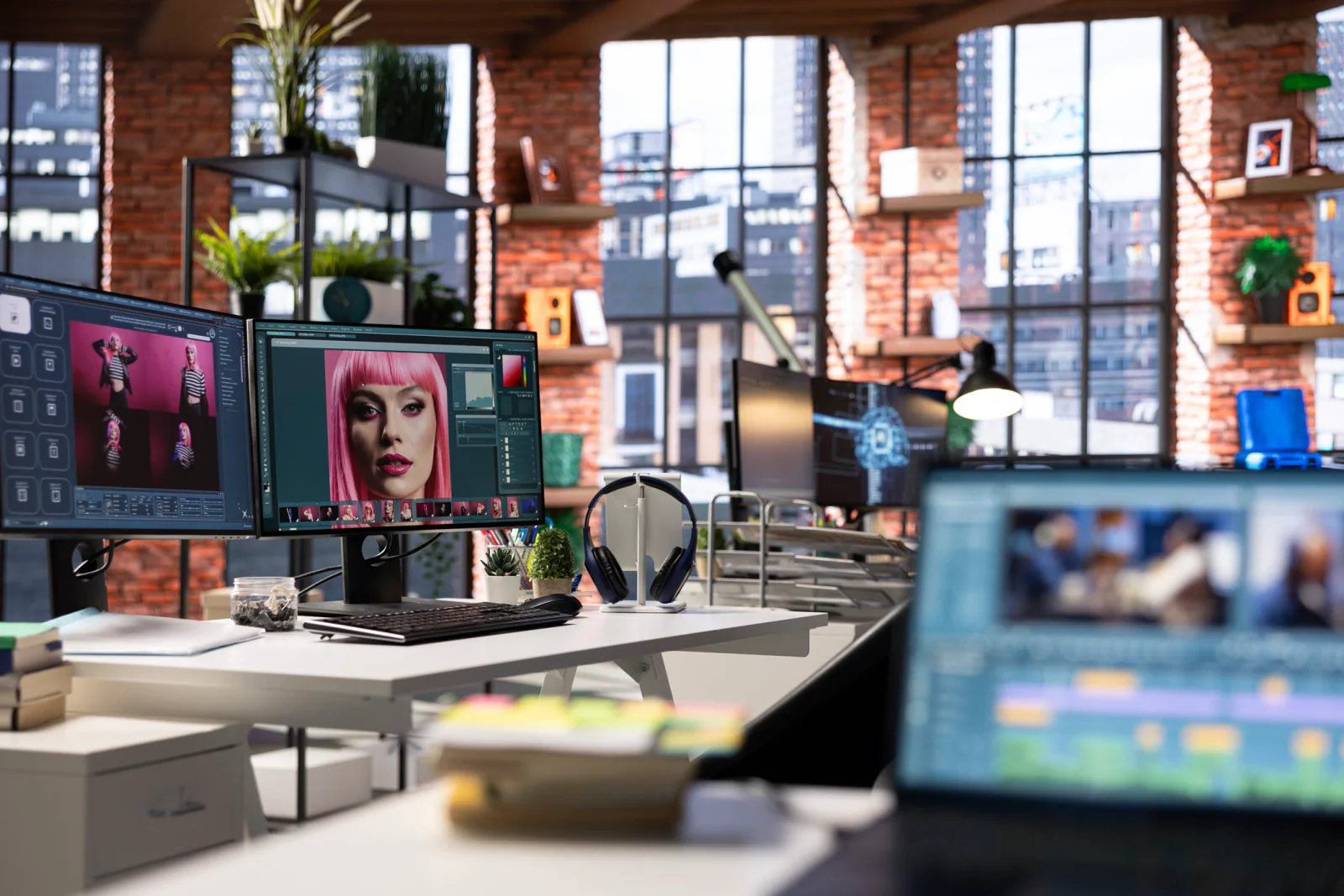 Enterprise pilot workspace with different laptop and desktop setups being tested by employees in a modern office environment