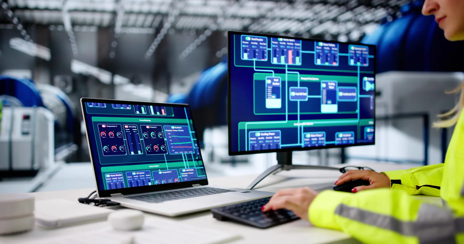 Turnaround command center with staff monitoring large displays and coordinating maintenance work
