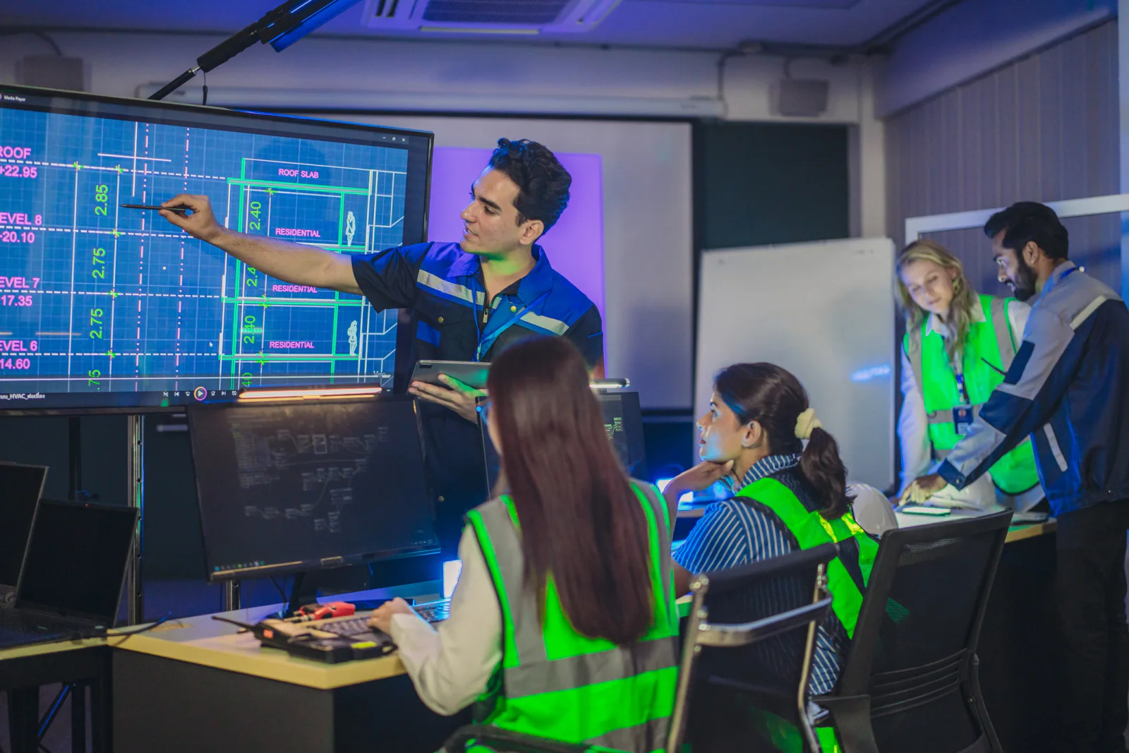 Emergency operations center with government staff using workstations, wall displays, and communication tools during an active response