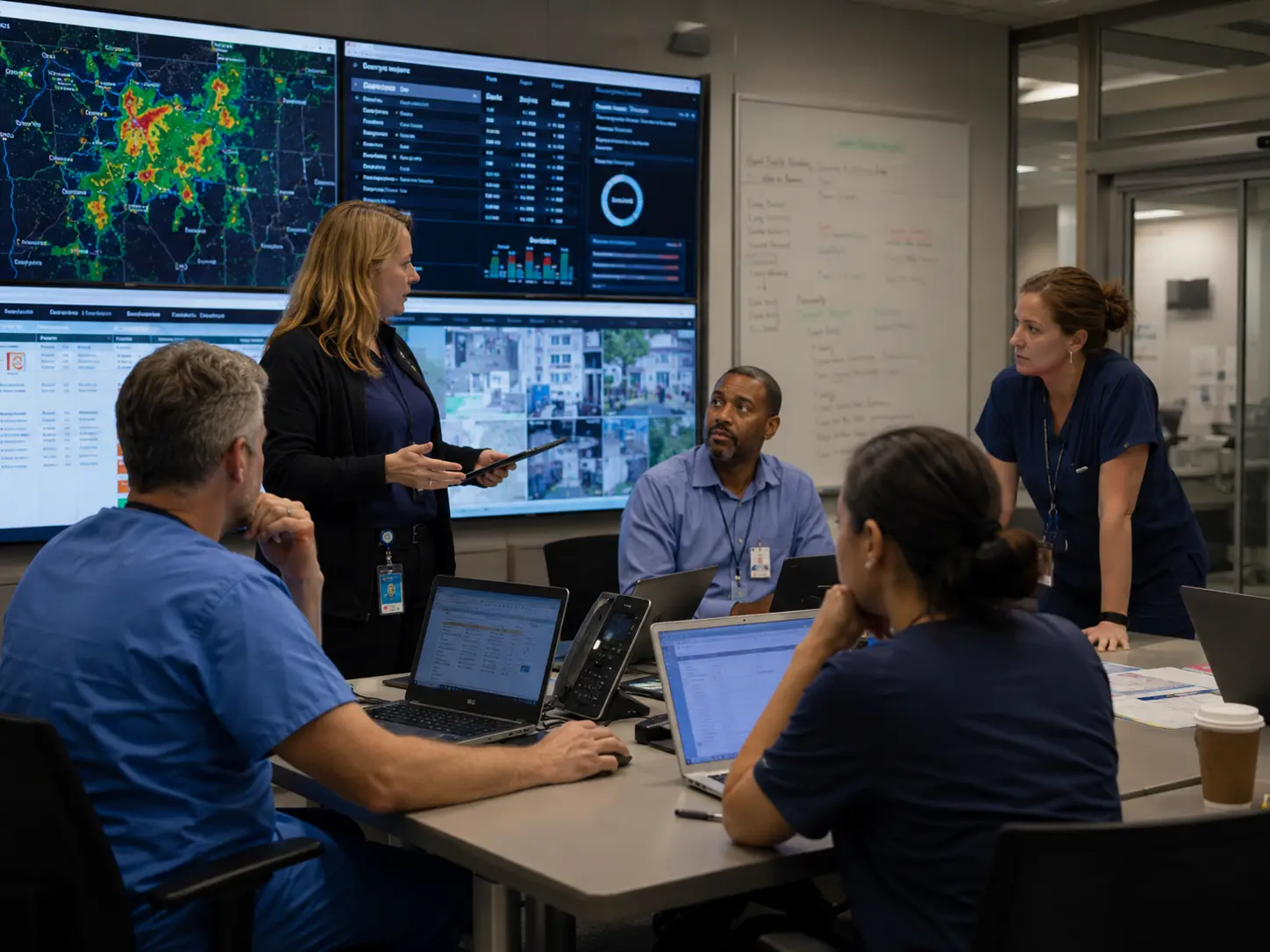 Healthcare incident command center with clinicians and operations staff reviewing dashboards, maps, and laptops during an emergency briefing