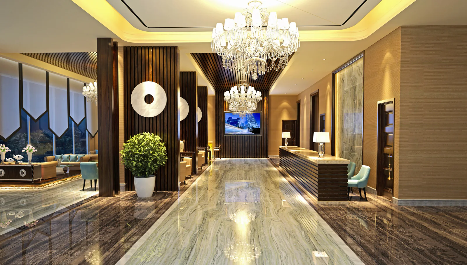Hotel lobby with digital signage and guests walking through the space