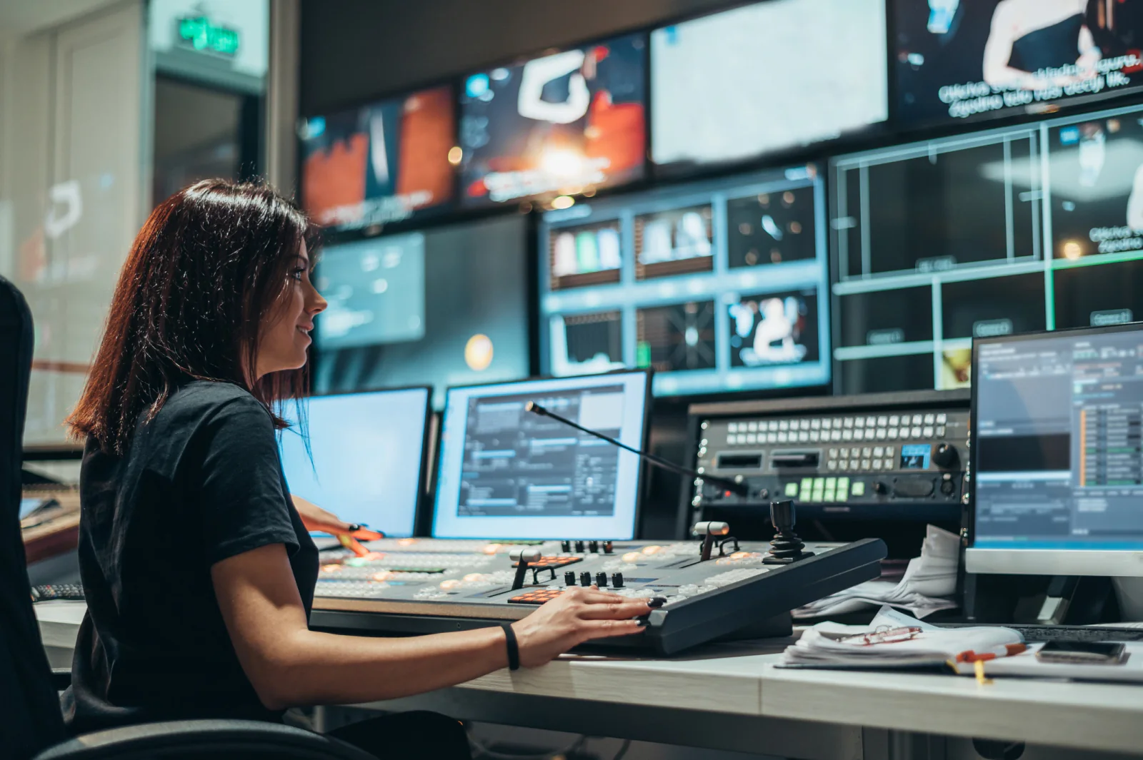 Remote production and live streaming control room with multi-view monitors, operators, laptops, and switching displays