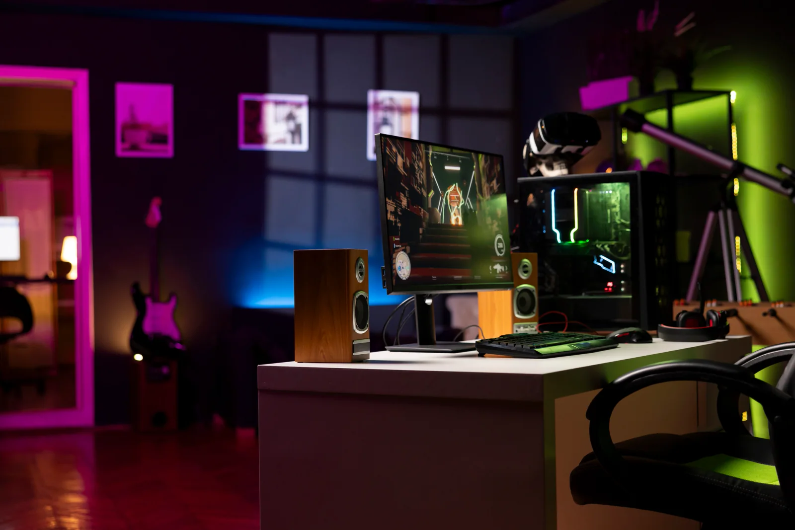 Game testing lab with standardized PCs, testers logging issues, dual displays, and organized QA workstations
