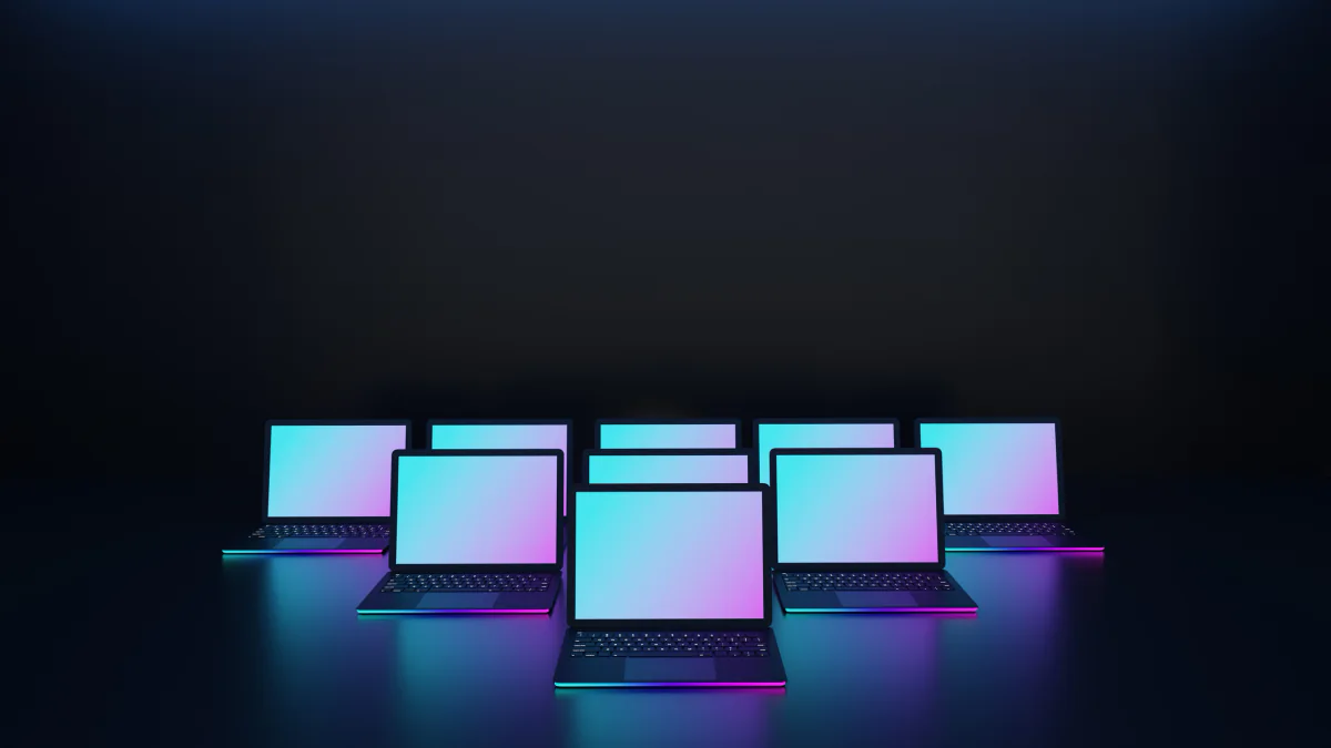 Large gaming laptop fleet staged for event activations, demo stations, and graphics-heavy temporary deployments