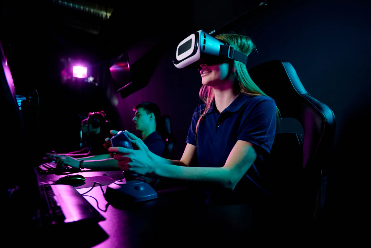 Gaming laptop connected to a VR headset for immersive demo and experiential event use