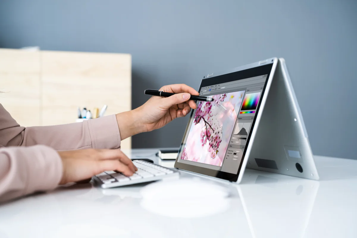 Microsoft Surface device shown in laptop and tablet modes for hybrid work, demos, and mobile business use