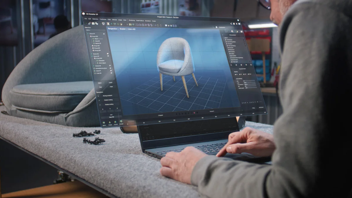 High performance mobile workstation laptop rendering a complex 3D scene for visualization and animation workflows