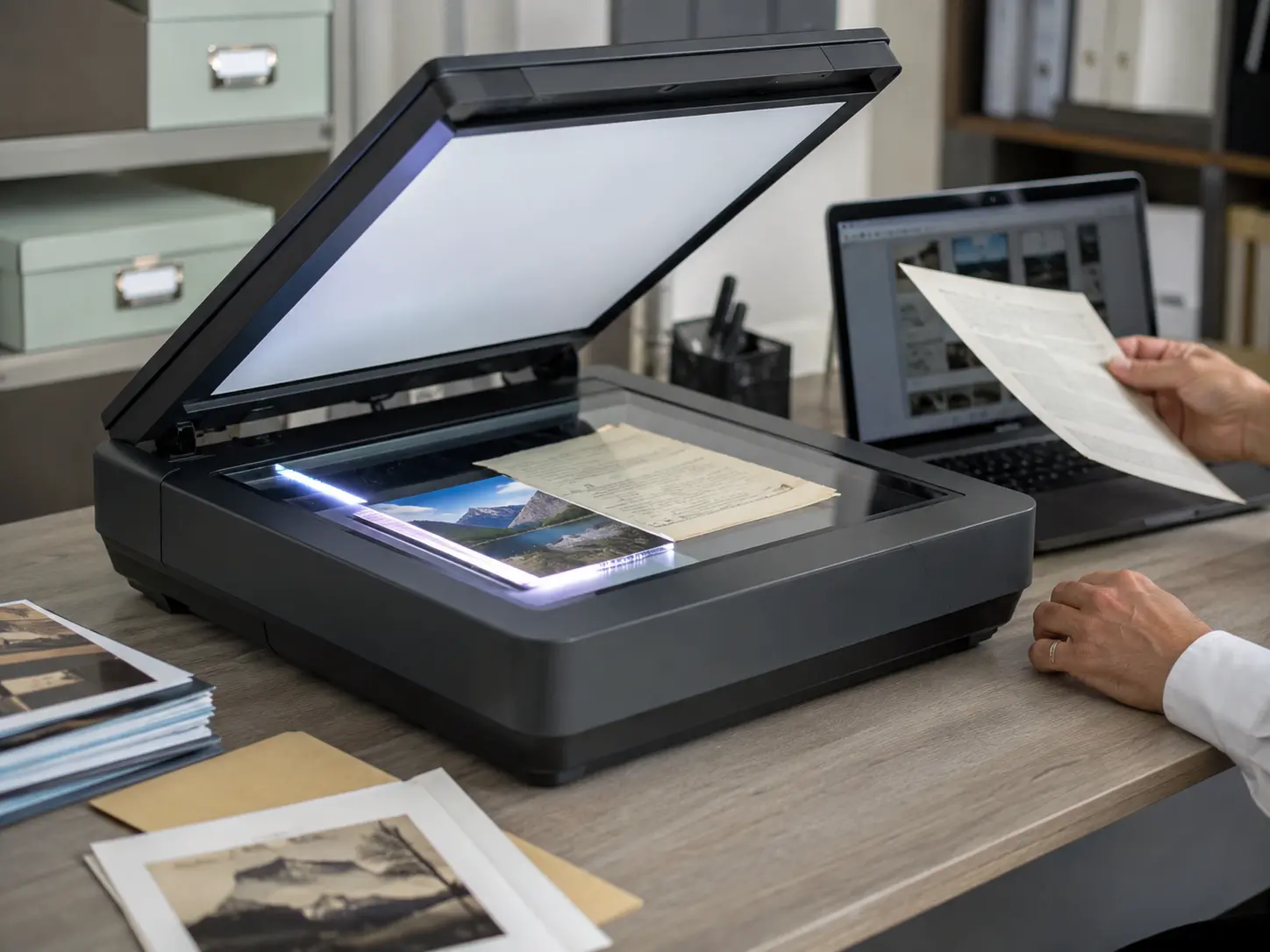 Flatbed photo scanner digitizing a printed photograph and delicate original materials