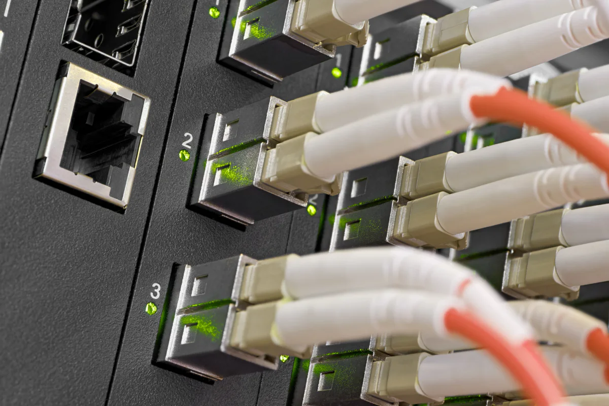 Enterprise network switch rentals with connected ethernet and fiber cabling for temporary server infrastructure