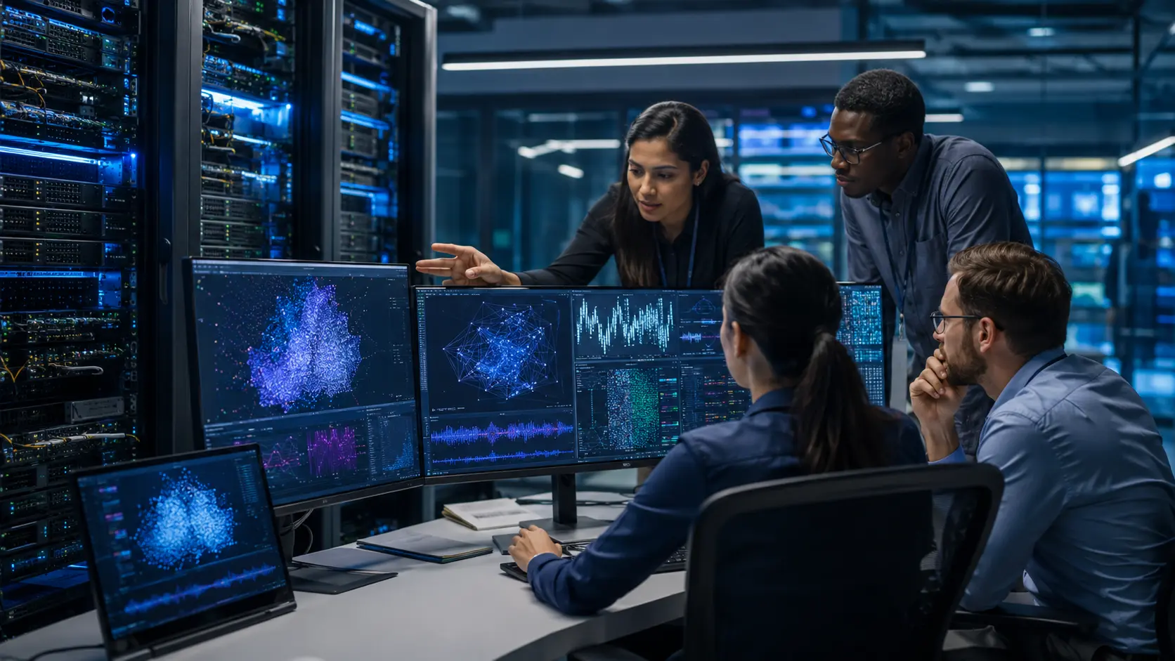 Technical team using GPU server rentals for AI workloads rendering high performance computing and temporary enterprise compute expansion