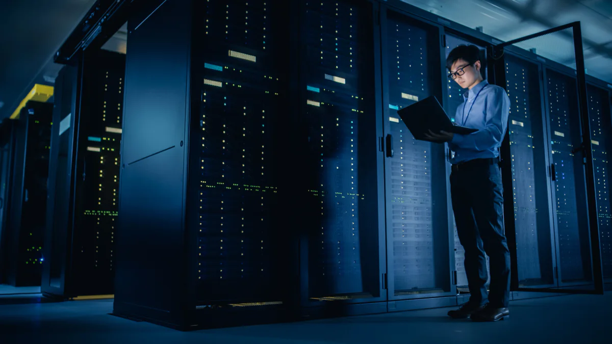 Server room prepared for disaster recovery testing with rental servers networking gear and backup infrastructure