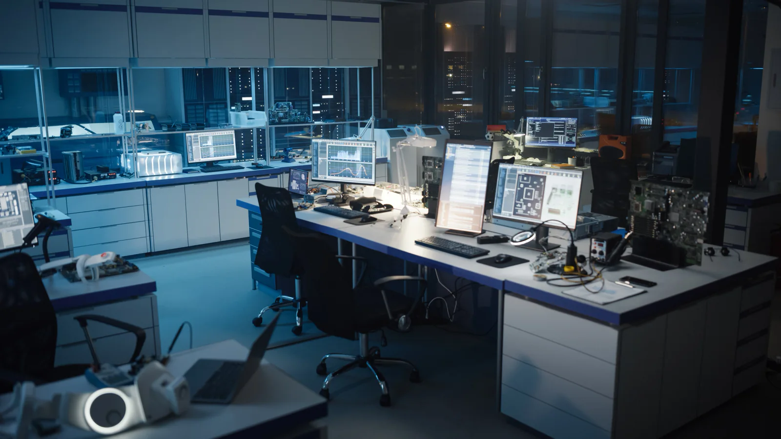 Temporary engineering workspace with rows of laptops, external monitors, and developers collaborating in an overflow lab