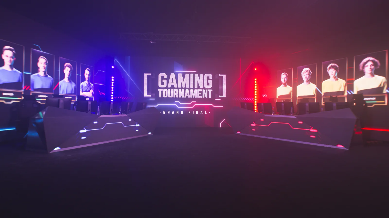Temporary esports competition area inside an event venue with gaming stations, audience seating, and tournament displays