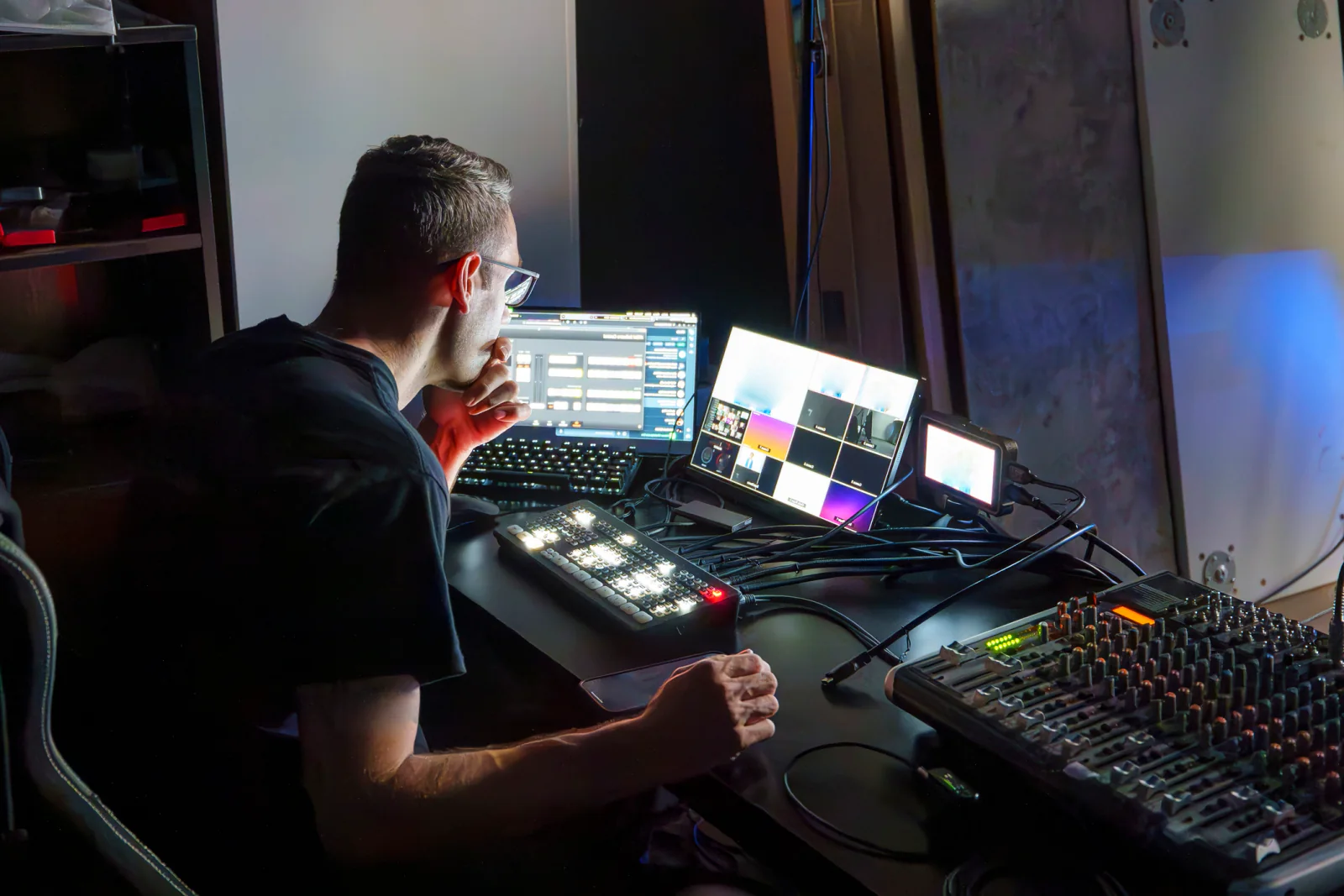 Back-of-house event operations workspace with producers and coordinators using laptops, tablets, and support displays