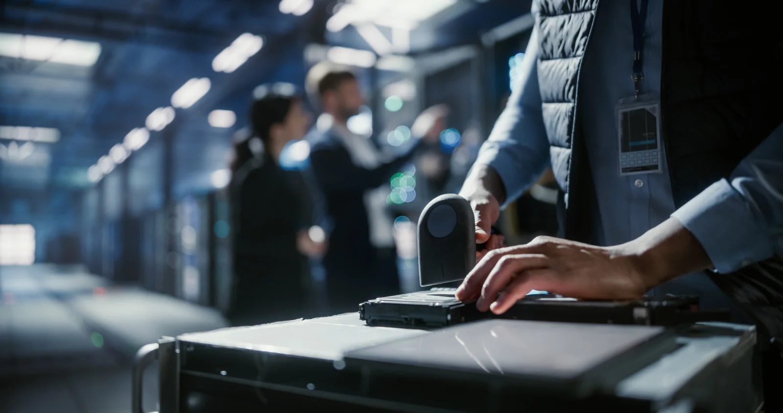 Event registration and check-in area with staff using laptops, tablets, badge printers, and attendee management technology