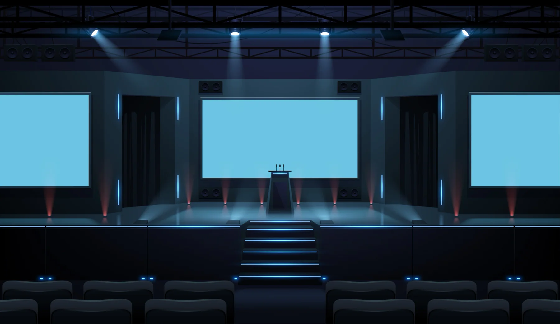 Graduation ceremony operations environment with staff using laptops, tablets, and event support technology at a high-attendance venue